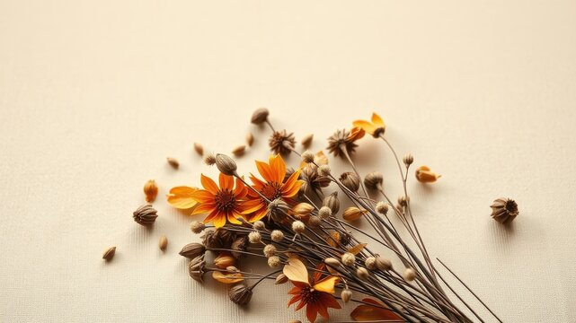 A Simple Arrangement of Dried Orange Flowers and Seed Pods on a Light Beige Background