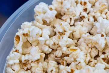 Close-up view of popcorn, for food-related contents, snacks, or movie night