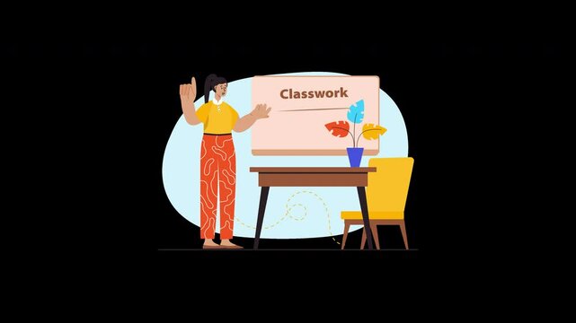 A woman of African descent presenting classwork in a classroom setting with a desk and chair.