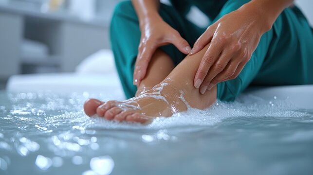 Close-up of a woman's hands washing and cleaning her feet in soapy water.