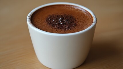 Close-up of a cup of rich, dark hot chocolate with cocoa powder sprinkled on top.