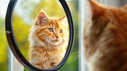 Ginger Kitten Gazing at its Reflection in a Mirror Sunny Day