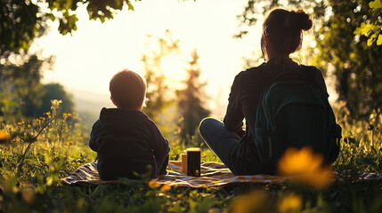 A mother and child sitting on a picnic blanket in a sunny meadow, surrounded by wildflowers.