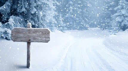Naklejka premium Frosted Wooden Signpost in a Magical Winter Forest Landscape with Snow Covered Trails and Icy Trees