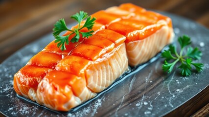 Delicious Glazed Salmon Fillet, Expertly Prepared and Garnished with Fresh Herbs on a Dark Serving Plate