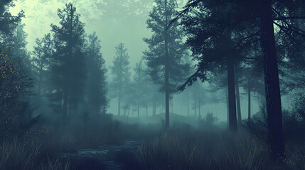 Obraz premium forest shrouded in fog, with tall trees fading into the distance, creating a mysterious atmosphere 