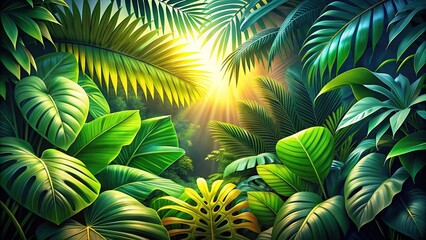 Lush Tropical Foliage 3D Render - Exotic Plants, Green Leaves, Jungle Scene
