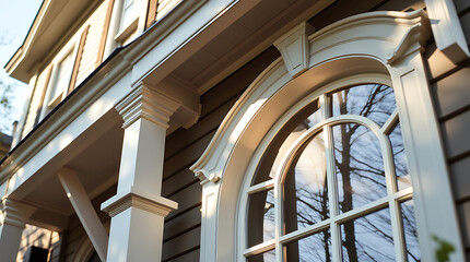 Elegant Home Exterior with Classic Architectural Design and Curved Window. High-end Real Estate, Luxury Property, Beautiful Home Decor