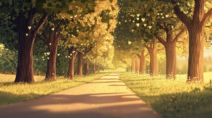 Naklejka premium Golden Hour Romance Tree Lined Path Heart Shaped Leaves Pathway