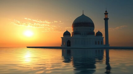 Naklejka premium Serene Sunset Mosque Peaceful Waters Golden Hour Reflection Architecture
