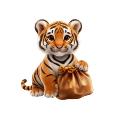 Obraz premium Adorable Tiger Cub with Golden Bag of Treasure