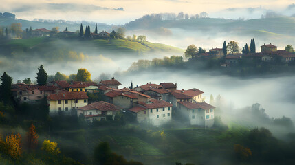 village nestled in the hills under a blanket of fog, with rooftops barely visible through the mist 