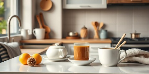 Obraz premium Young woman wearing apron adding honey into tea cup on kitchen counter, lifestyle, relaxation