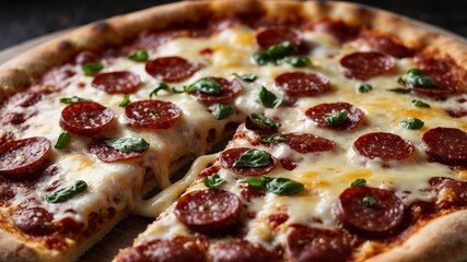 Close-Up of Delicious Salami Pizza with Melted Cheese – Perfect for Food Lovers