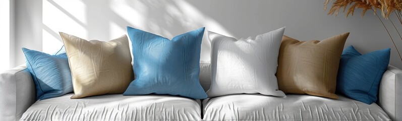 Pillows on a couch with a vase in the background, banner, copy space