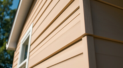 Obraz premium Beige House Exterior Wall Siding, Close-Up View of Modern Home Architecture, Real Estate Photography