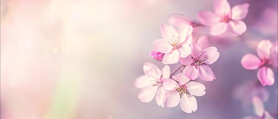 Pink blossom spring background soft colors. Horizontal banner with sakura flowers of pink color on sunny backdrop. Beautiful nature spring background with a branch of blooming sakura. Copy space - Powered by Adobe