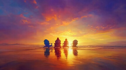 Fototapeta premium Serene Sunset Beach Chairs Tranquil Ocean View Peaceful Coastal Scene