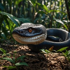 Fototapeta premium A green snake with a yellow stripe on its head, coiled in grass with a bokeh background.A close-up of a snake resting on the ground amidst green foliage.