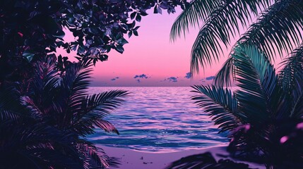 Tropical Sunset Paradise Beach Scene Calm Ocean Palm Leaves Silhouette