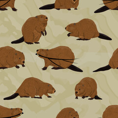 Structured Seamless pattern with Eurasian beaver. Vector animals © AnnstasAg