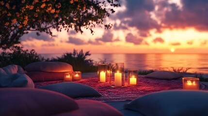 Whimsical Alfresco Dining Setting with Glowing Candles and Cozy Cushions at Sunset