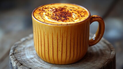 Close-up of a frothy cappuccino in a yellow mug on a wooden surface.
