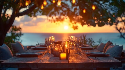 Cozy Outdoor Dining Setup with Rustic Table Candlelight and Golden Sunset Backdrop