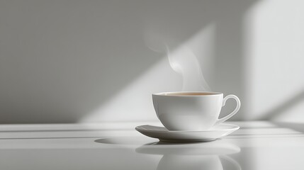 Porcelain Cup of Steaming Hot Black Tea on Minimalist Gray Background