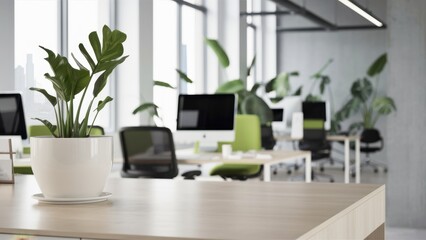 modern office interior, executive desk, ergonomic chair, computer monitor, city skyline view, floor-to-ceiling windows, potted plant, sleek design, natural light, corporate workspace, high-rise buildi