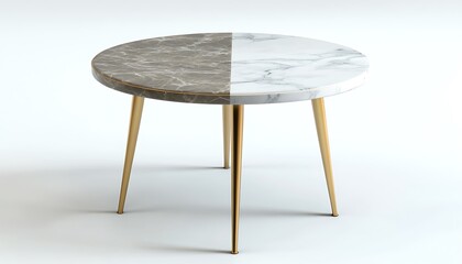 3D render of a round marble side table with different styles and brass legs, isolated on white, vivid colors,