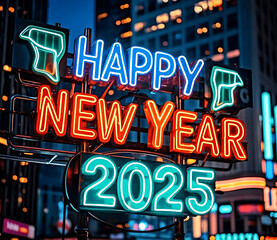 Happy New Year 2025 neon lettering.