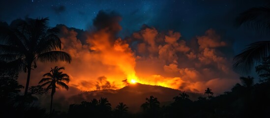 Night Volcano Eruption, Tropical Island