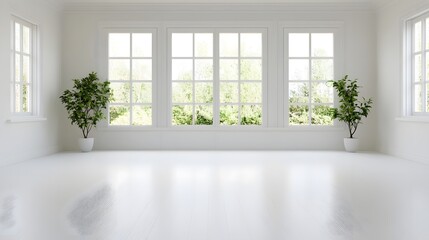 Minimalistic White Room with Abundant Natural Light and Greenery through Panoramic Windows