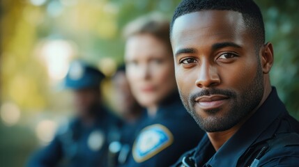 Officer portrait, team background, park, law enforcement