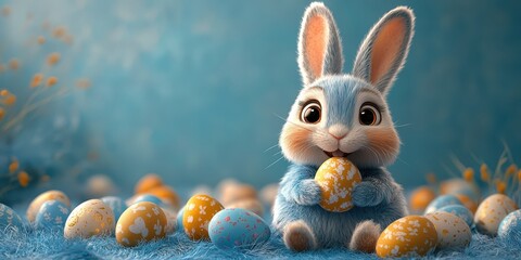 3D Easter bunny character sitting on the floor with colorful eggs, copy space concept, cartoon style, 2/5 space for text, blue background, high resolution, happy mood, detailed 