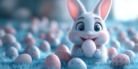 3D Easter bunny character sitting on the floor with colorful eggs, copy space concept, cartoon style, 2/5 space for text, blue background, high resolution, happy mood, detailed 
