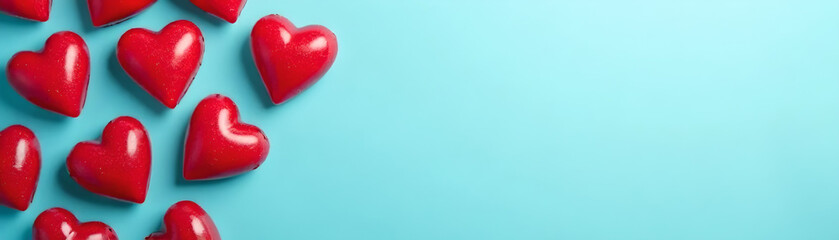 Heart-shaped red fruits scattered on blue pastel background In style of close-up photography For social media banners, Valentine’s Day designs
