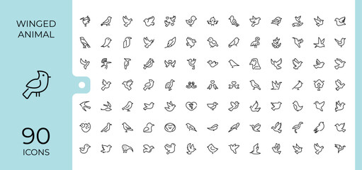 Winged Animal icons set in linear style. Includes thin line bird, cute, art, duck, dove, animal, vet, gull. Simple icon designs. Editable vector illustration.