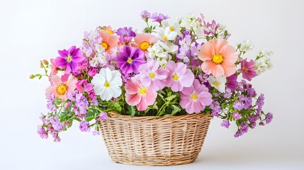 Obraz premium 18. A beautiful basket of mixed blossoms against a white background, perfect for a lucky occasion gift