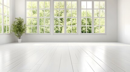 Fototapeta premium Tranquil Minimalist White Room with Abundant Natural Light and Verdant Garden View