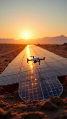 Fototapeta premium Solar panels with a drone flying over them at sunrise, symbolizing sustainable green energy.