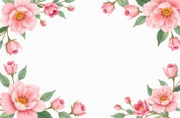 Fototapeta premium delicate frame of pink flowers with a place in the center for text, white background