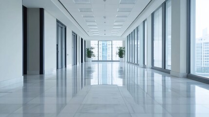 Fototapeta premium Vast and Bright Office Corridor Being Vacuumed by Professional Cleaning Crew