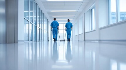 Professional Janitor Cleaning Hallway in Corporate Office Building