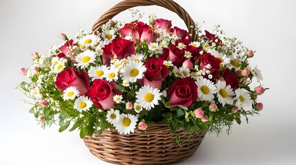 24. Basket with fresh roses and daisies on a white background, perfect for gifting during a special occasion