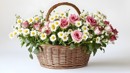 24. Basket with fresh roses and daisies on a white background, perfect for gifting during a special occasion