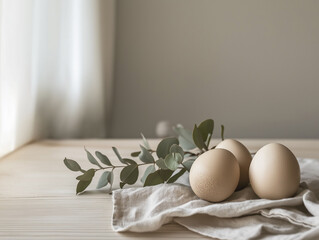 minimalist still life featuring Easter eggs painted in a matte Mocha Mousse shade,
