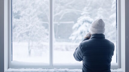 Fototapeta premium Person Clearing Snow from Window to Let Sunlight In During Winter