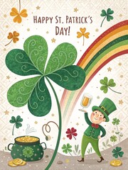Celebrate St. Patrick's Day in style! A festive invitation featuring shamrocks, leprechauns, rainbows, and pots of gold. Perfect for themed parties and Irish celebrations